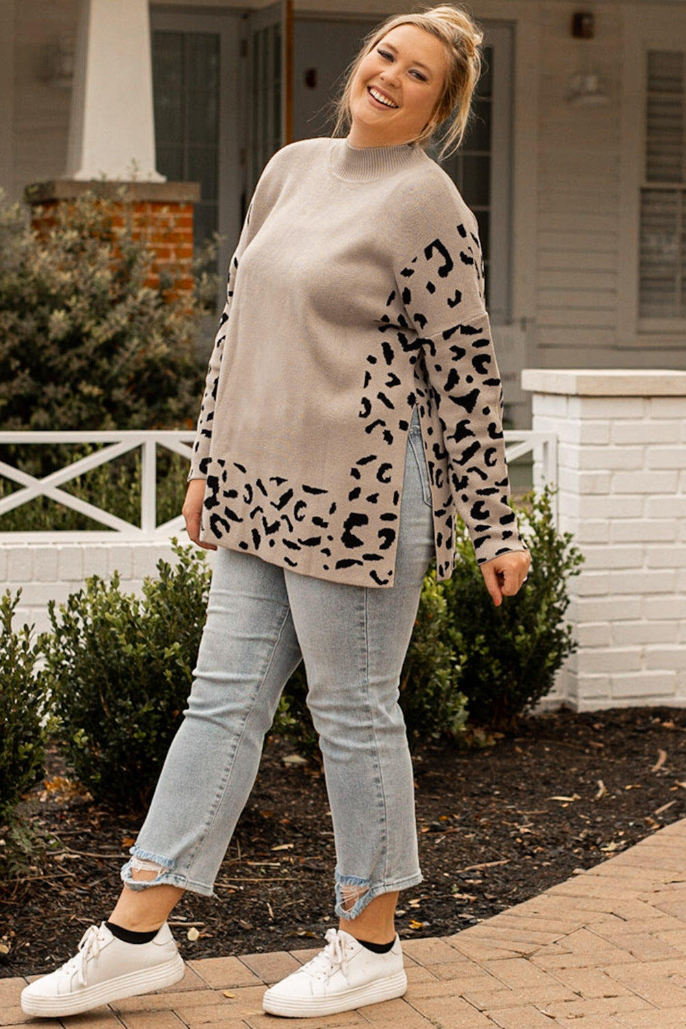 Khaki Leopard High Neck Side Slit Oversized Sweater