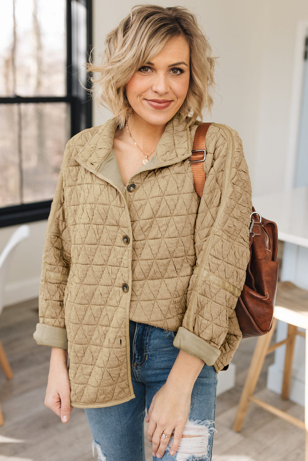 Coffee Solid Color Quilted Kangaroo Pocket Hoodie