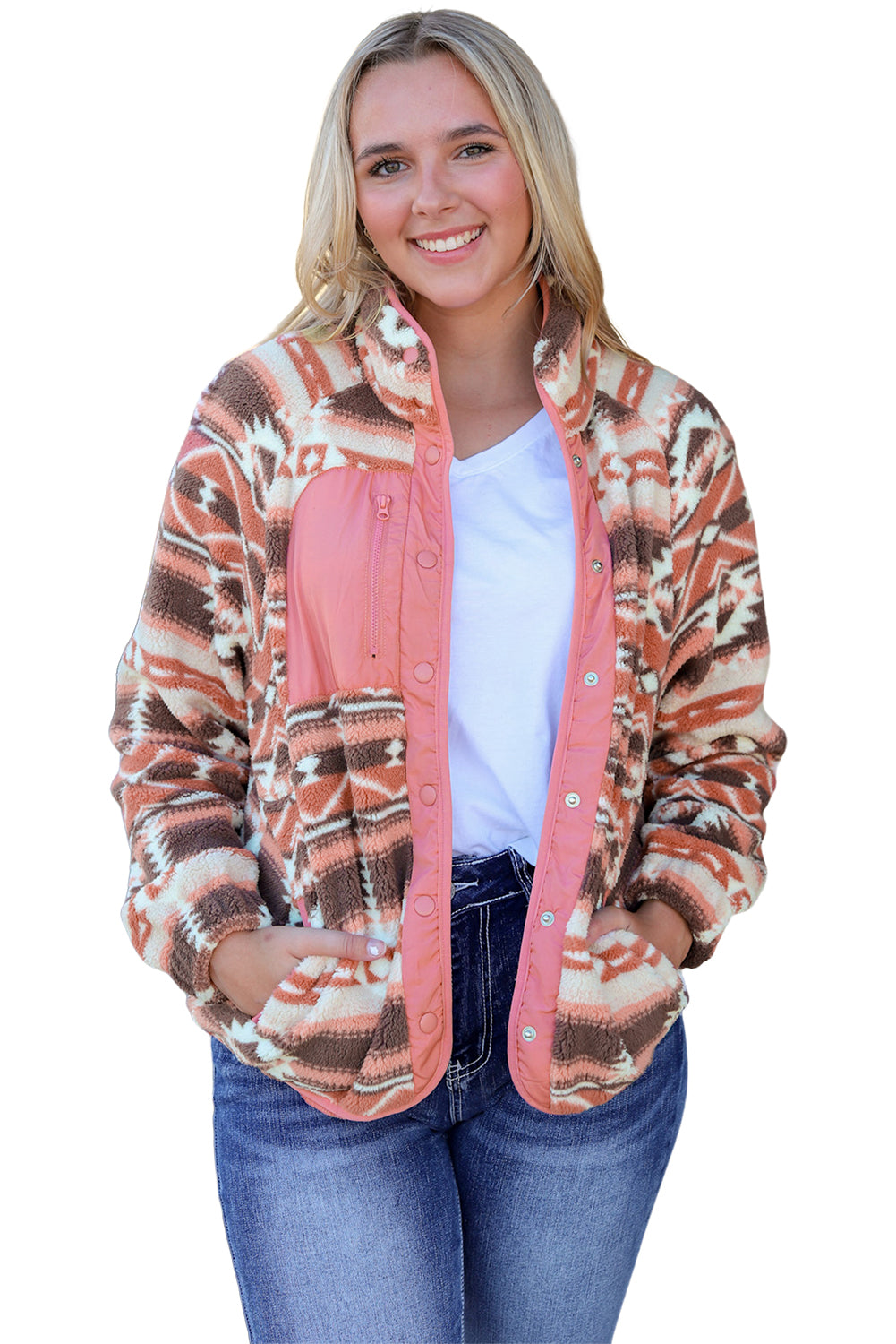 Black Western Colorblock Snap Buttoned Sherpa Jacket