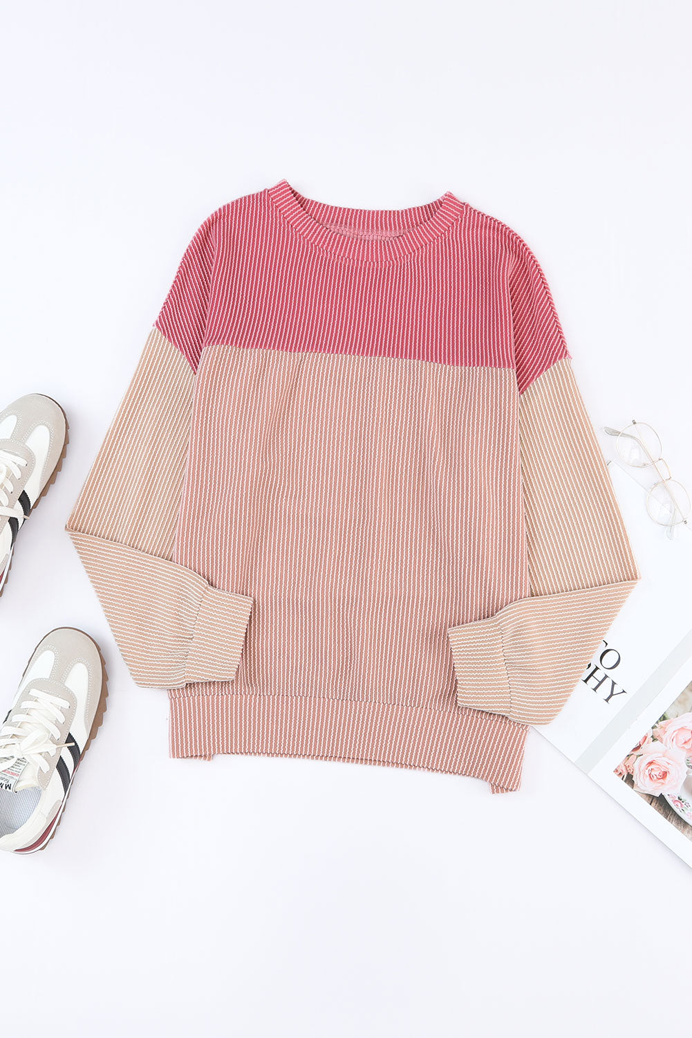 Mineral Red Plus Size Ribbed Colorblock Long Sleeve Top