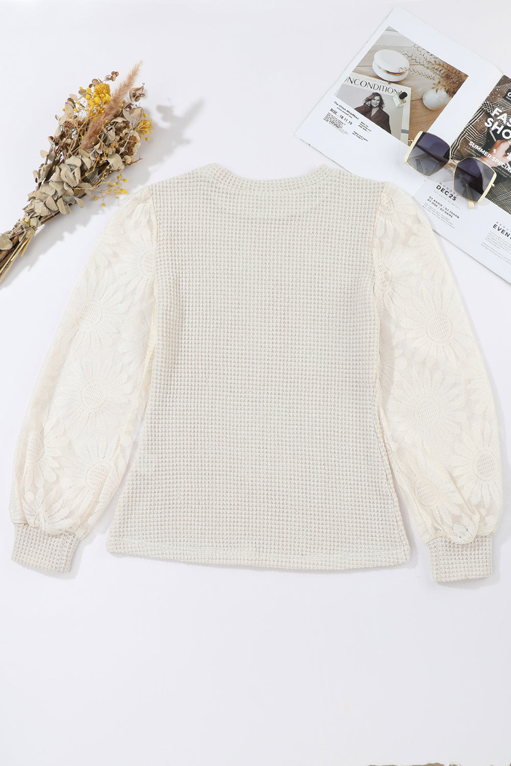 Black Sunflower Mesh Bubble Sleeve Waffle Knit Top