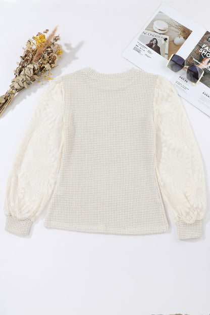 Black Sunflower Mesh Bubble Sleeve Waffle Knit Top