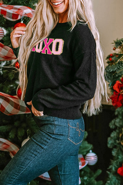 Black Holly Jolly Round Neck Casual Sweater