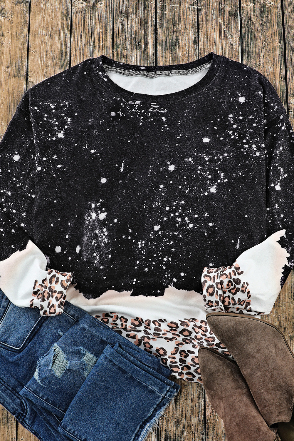 Black Christmas Santa Claus Leopard Print Graphic Sweatshirt