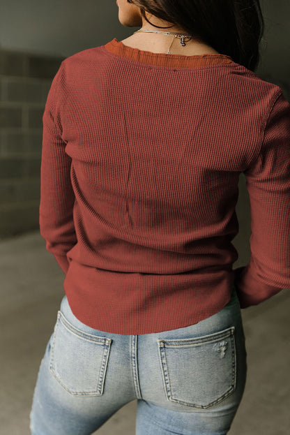Black Trimmed Neckline Waffle Knit Henley Top