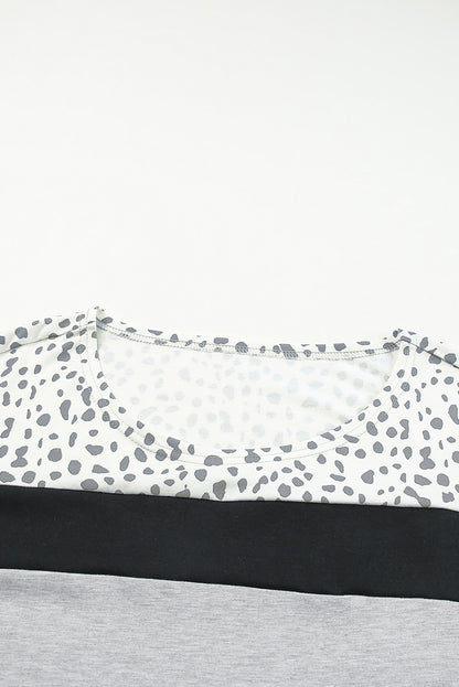 Gray Leopard Colorblock Patchwork Pullover and Shorts Set