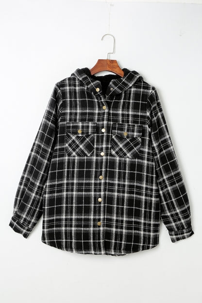Orange Plaid Pattern Sherpa Lined Hooded Shacket