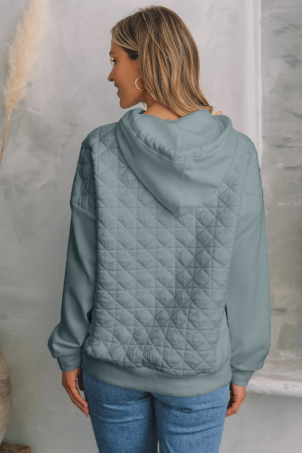 Coffee Solid Color Quilted Kangaroo Pocket Hoodie