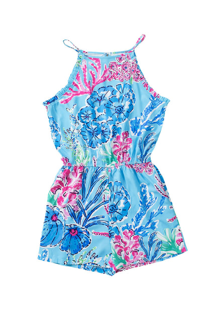 Purple Floral Print Pocketed Frill Sleeveless Romper