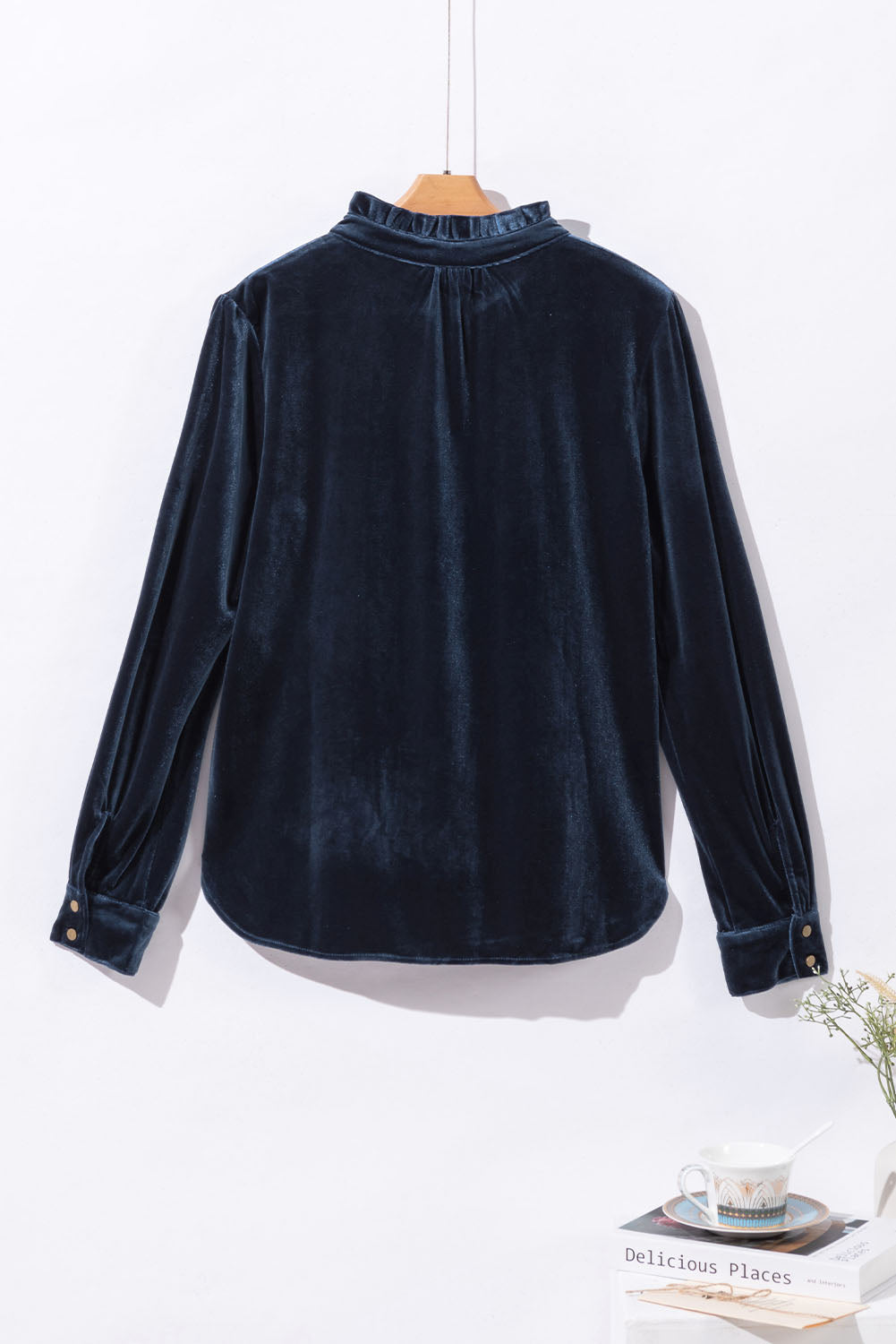 Burgundy Frilled Neck Buttoned Front Velvet Top