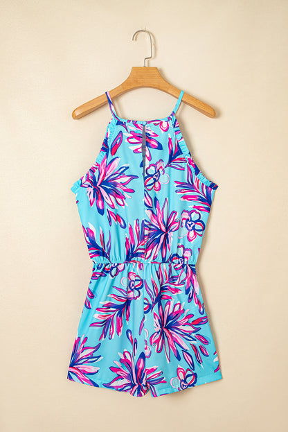 Purple Floral Print Pocketed Frill Sleeveless Romper