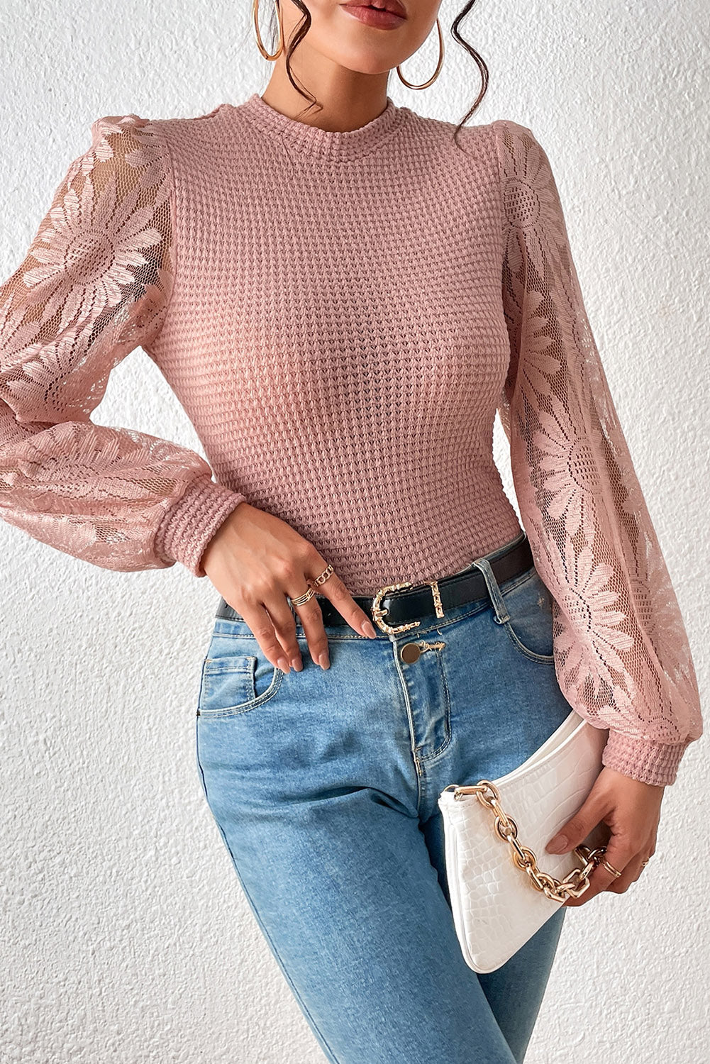 Black Sunflower Mesh Bubble Sleeve Waffle Knit Top