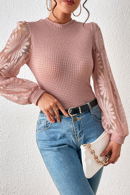 Black Sunflower Mesh Bubble Sleeve Waffle Knit Top