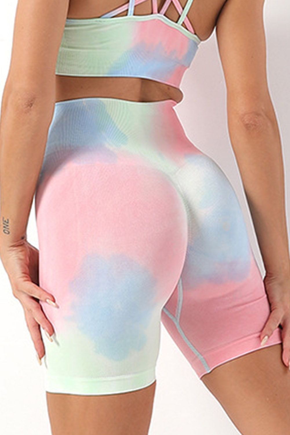 Sky Blue Tie Dye Tummy Control High Waist Skinny Yoga Shorts