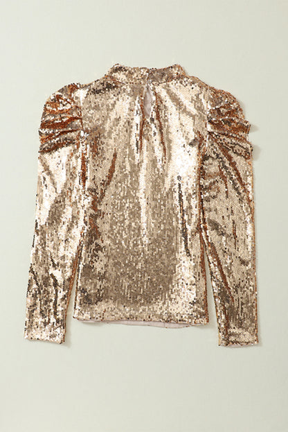 Black Sequin Mock Neck Bubble Sleeve Top