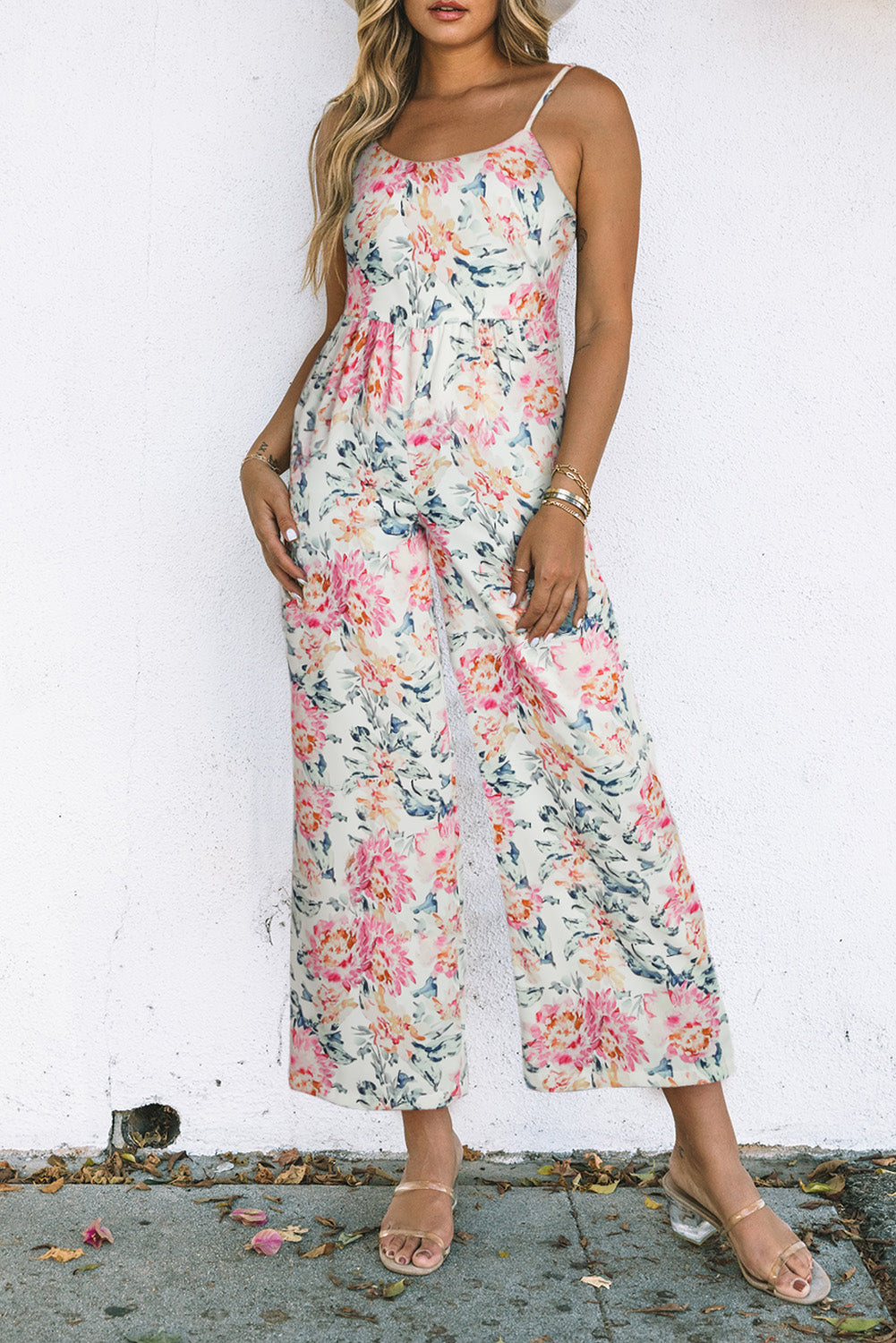 White Floral Patchwork Ribbed Maxi Dress with Pockets