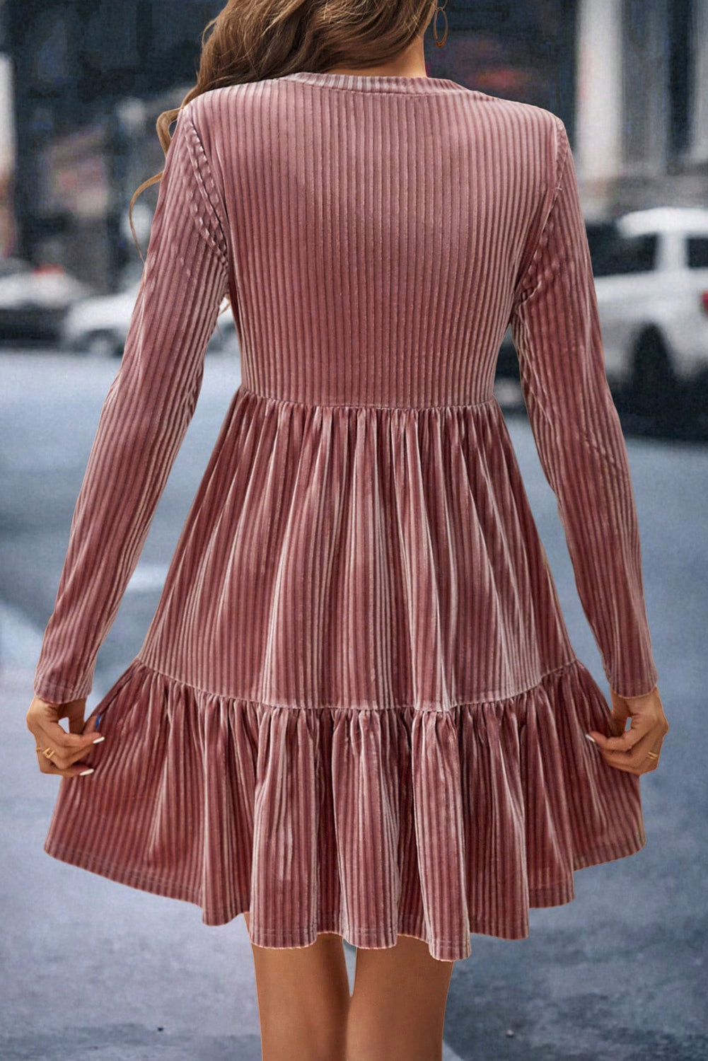 Pink Smocked Ribbed Velvet Babydoll Top