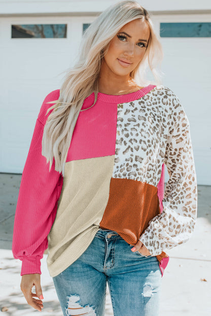 Khaki Ribbed Color Block Leopard Splicing Plus Size Top