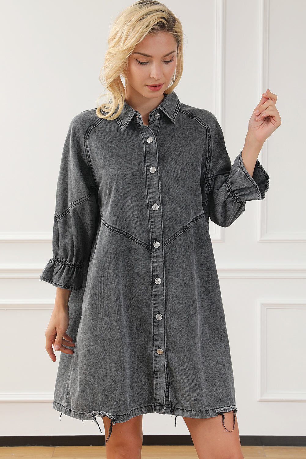 Gray Sequin Nutcracker Graphic Long Sleeve Shirt Denim Dress