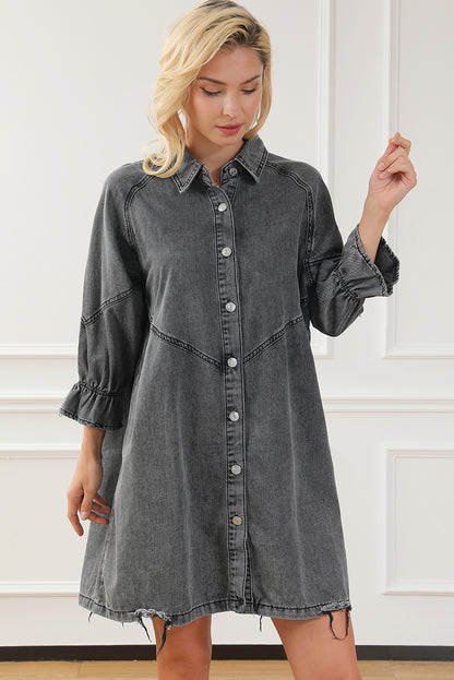 Gray Sequin Nutcracker Graphic Long Sleeve Shirt Denim Dress