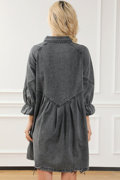 Gray Sequin Nutcracker Graphic Long Sleeve Shirt Denim Dress