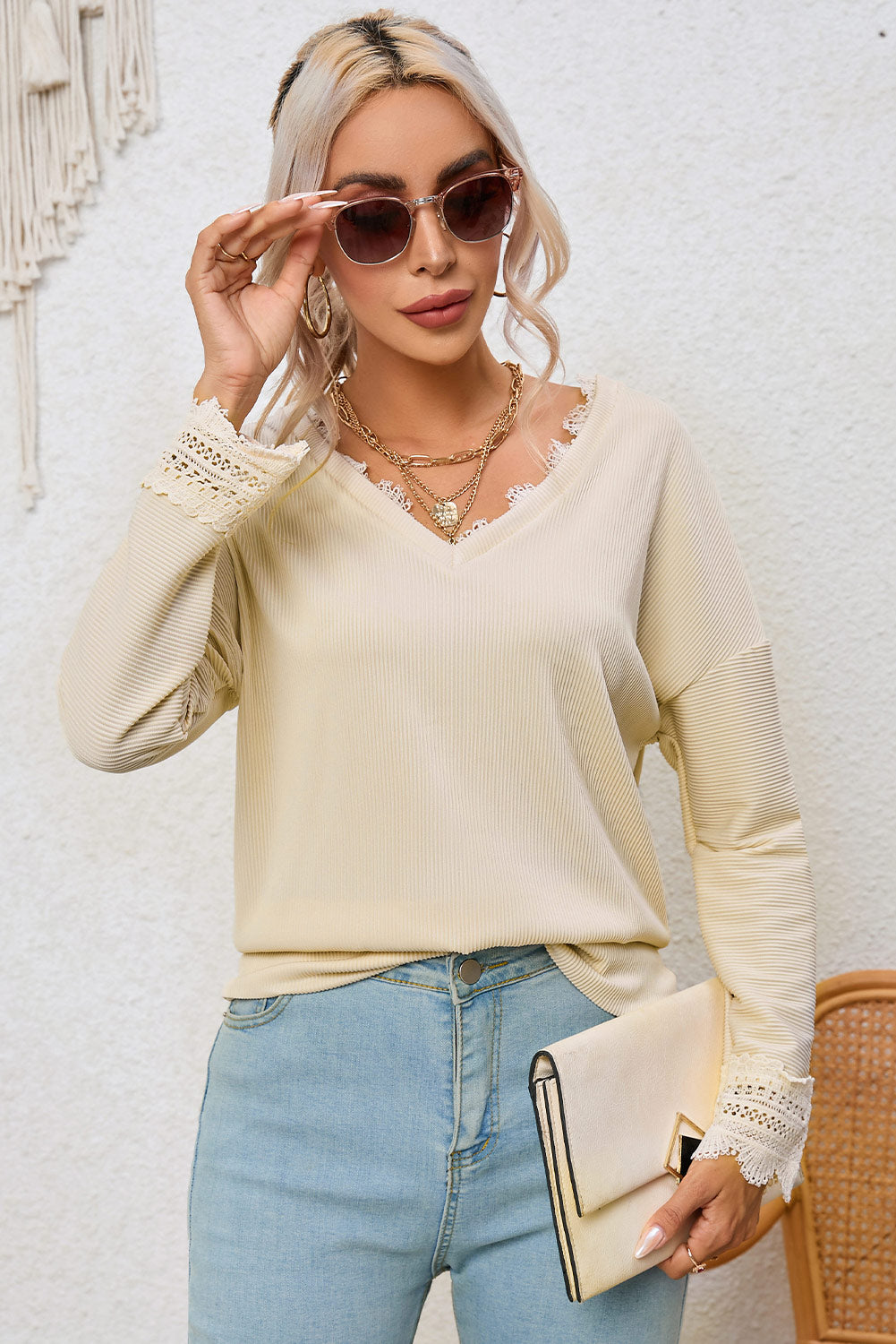 Black Ribbed Texture Lace Trim V Neck Long Sleeve Top