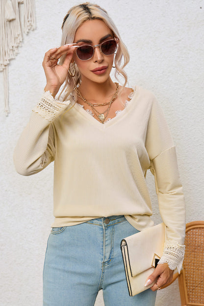 Black Ribbed Texture Lace Trim V Neck Long Sleeve Top