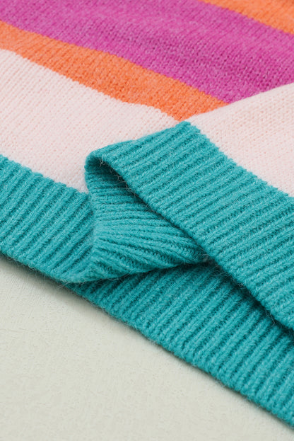 Multicolour Striped Knit Drop Shoulder Puff Sleeve Sweater