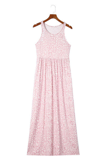 Gray Leopard Print Pocketed Sleeveless Maxi Dress
