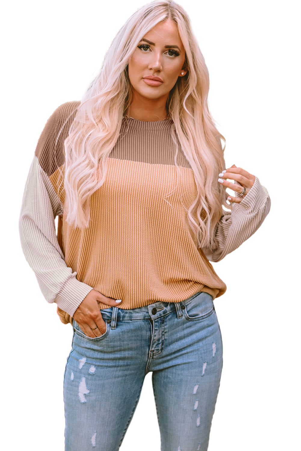 Mineral Red Plus Size Ribbed Colorblock Long Sleeve Top