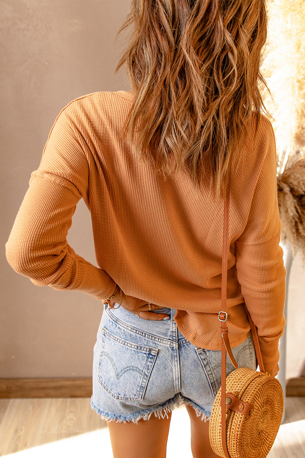 White Waffle Knit Henley Top