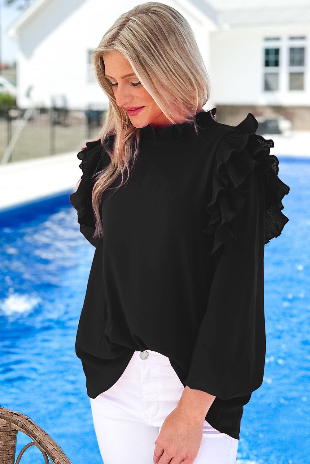 Rose Button Keyhole Back Pleated Ruffle Trim Blouse