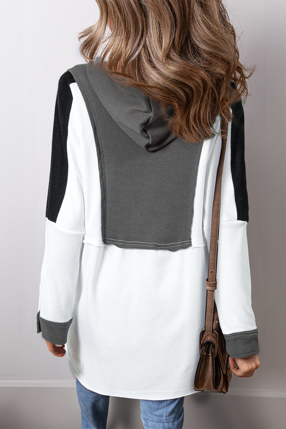 Gray Color Block Exposed Seam Buttoned Neckline Hoodie