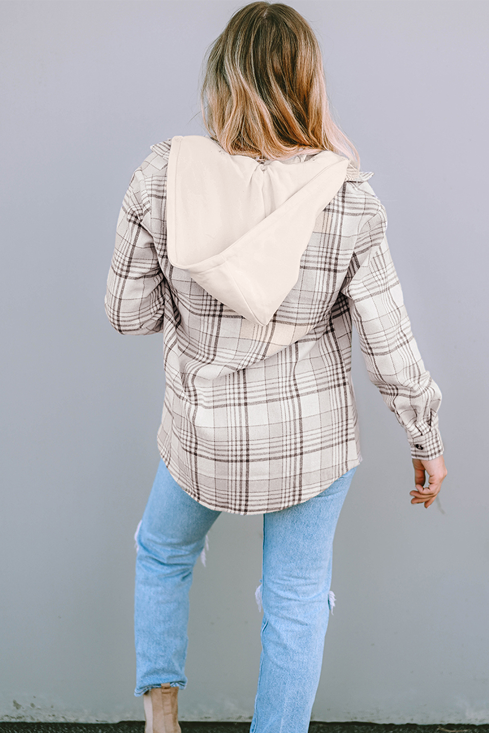 Khaki Printed Plus Size Plaid Print Contrast Hooded Shacket