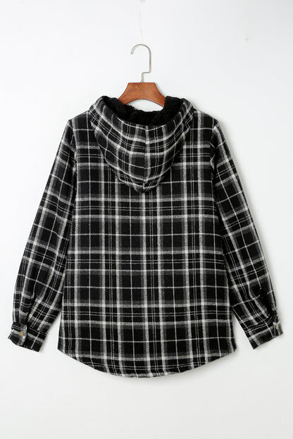 Orange Plaid Pattern Sherpa Lined Hooded Shacket