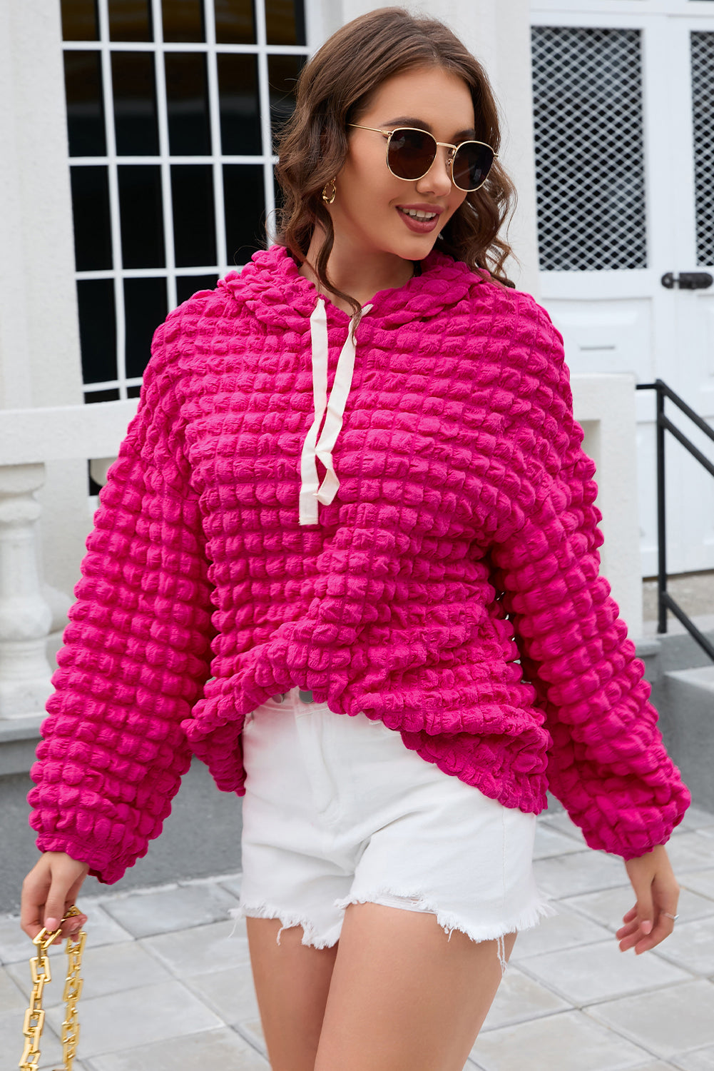 Green Bubble Textured Waffle Hoodie