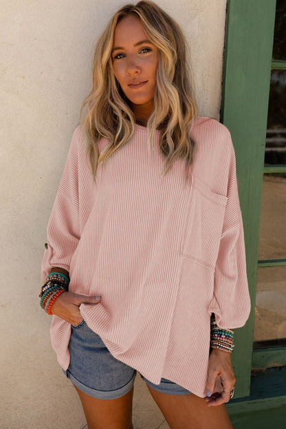 Gray Ribbed Roll-tab Sleeve Chest Pocket Oversize Top