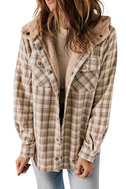 Orange Plaid Pattern Sherpa Lined Hooded Shacket