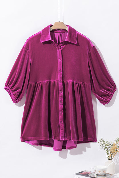 Pale Khaki 3/4 Sleeve Tunic Babydoll Velvet Shirt