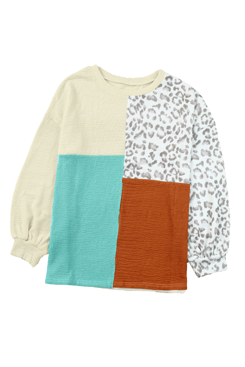 Khaki Ribbed Color Block Leopard Splicing Plus Size Top