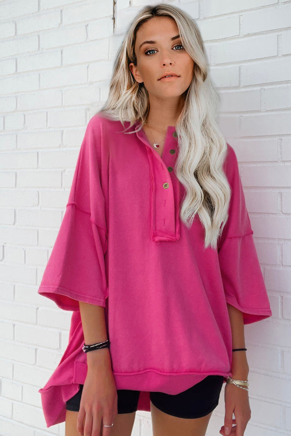 Black Drop Shoulder Henley Buttons Sweatshirt