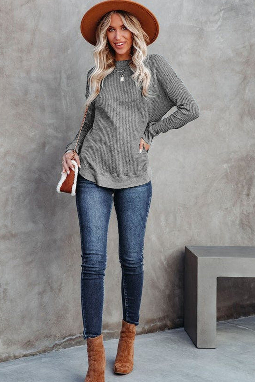 Pink Crew Neck Ribbed Trim Waffle Knit Top