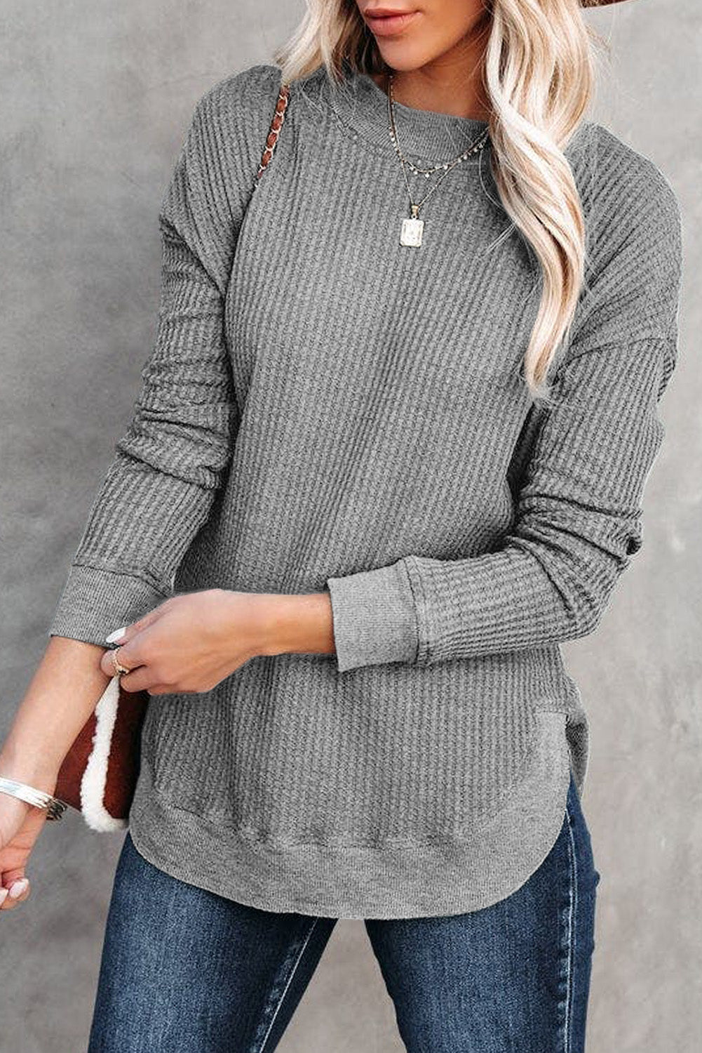 Pink Crew Neck Ribbed Trim Waffle Knit Top