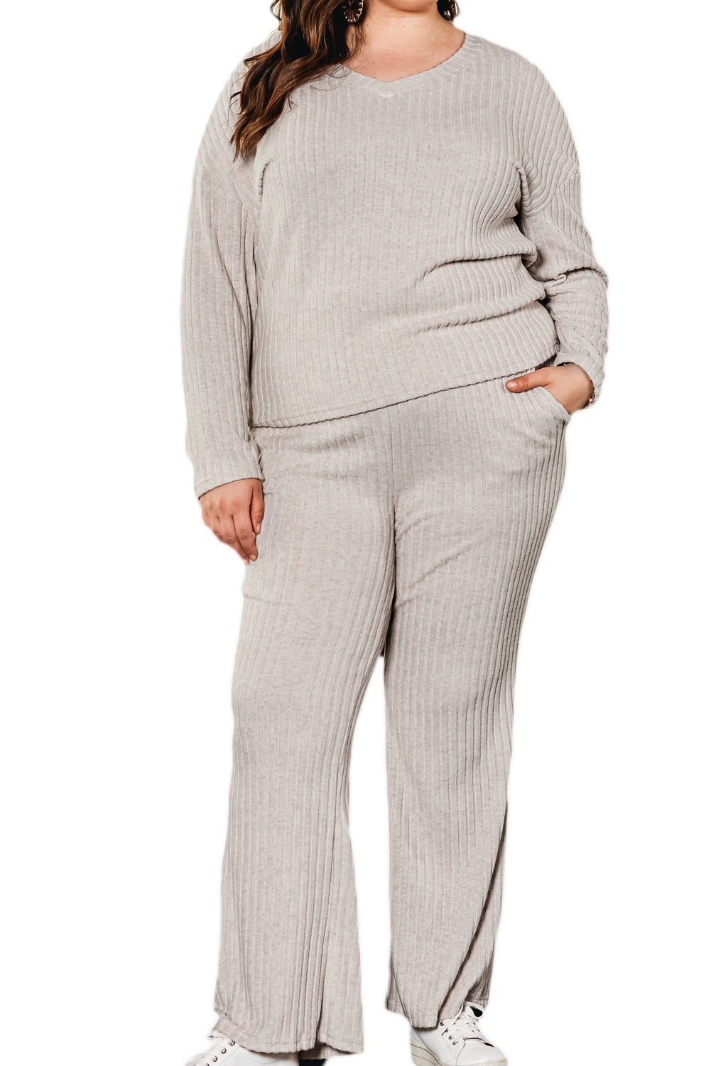 Khaki Ribbed Knit V Neck Slouchy Two-piece Outfit