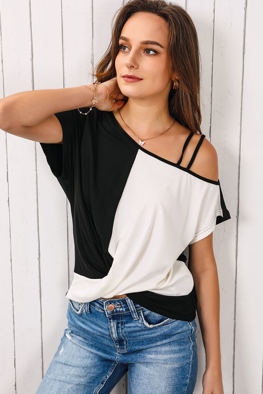 Black Asymmetric Strappy Cold Shoulder Long Sleeve Top
