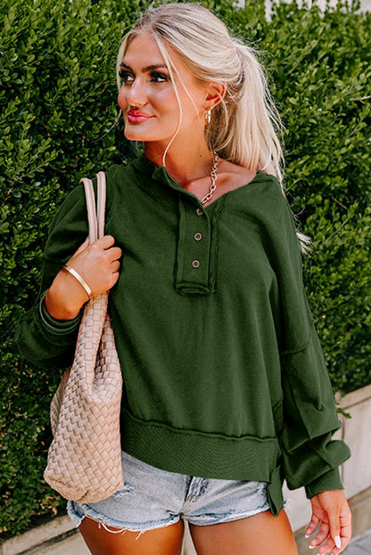 Black Drop Shoulder Henley Buttons Sweatshirt