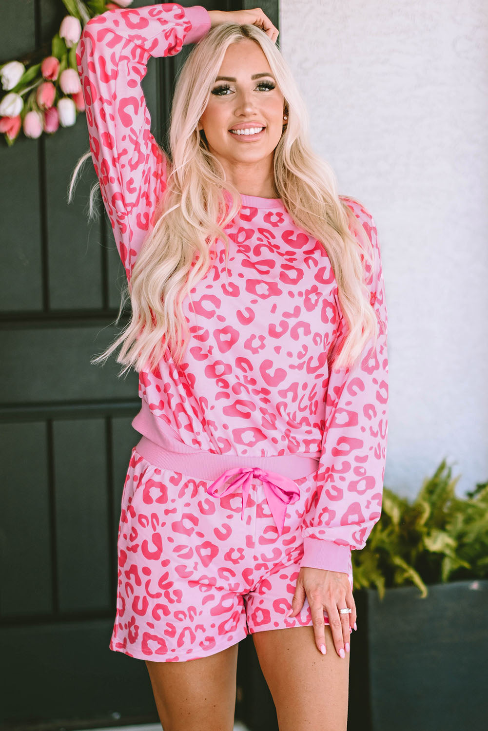 Leopard Print Zipped Split Neck Drawstring Pants Set