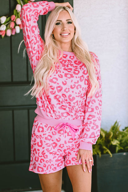Leopard Print Zipped Split Neck Drawstring Pants Set