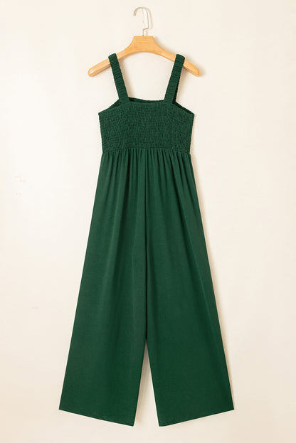 Black Smocked Square Neck Long Sleeve Wide Leg Jumpsuit