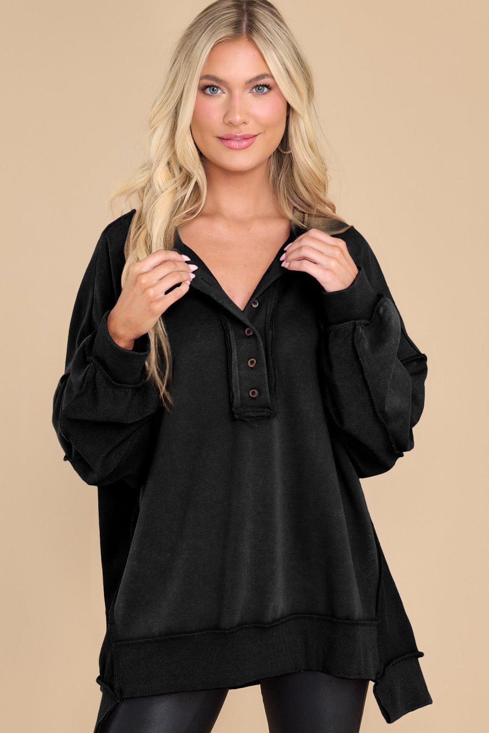 Green Oversized Exposed Seam Henley Sweatshirt